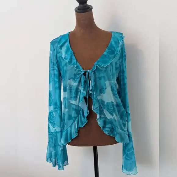 NWT Something New X Cenit Nadir Aqua Sheer Rose Detail Tie Front Ruffle Top Sz M - Picture 2 of 7